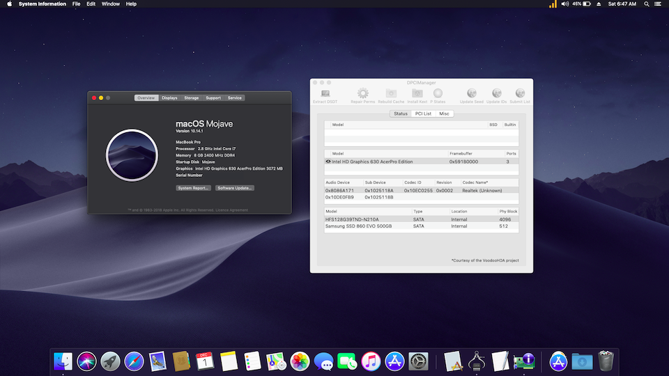 Success Hackintosh macOS Mojave 10.14.1 Build 18B75 at Acer Predator Helios 300